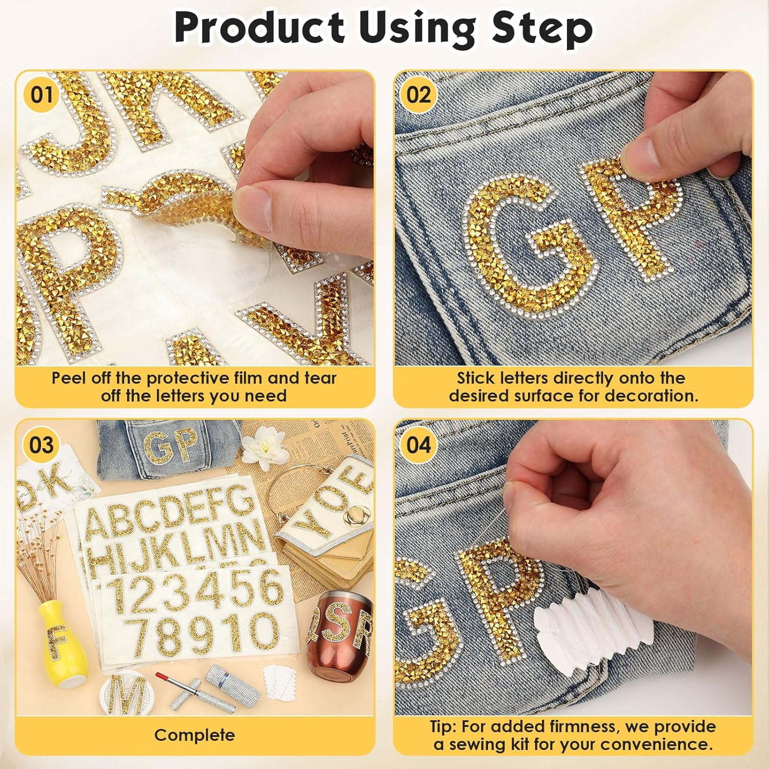 76 PCS Rhinestone Letter Stickers, 2.4 Inch Gold Glitter Alphabet Sticker with Sewing Kits, Self Adhesive A-Z & 0-9 Letter Number Stickers for DIY Arts and Crafts Decor, Clothes, Bags, Hats
