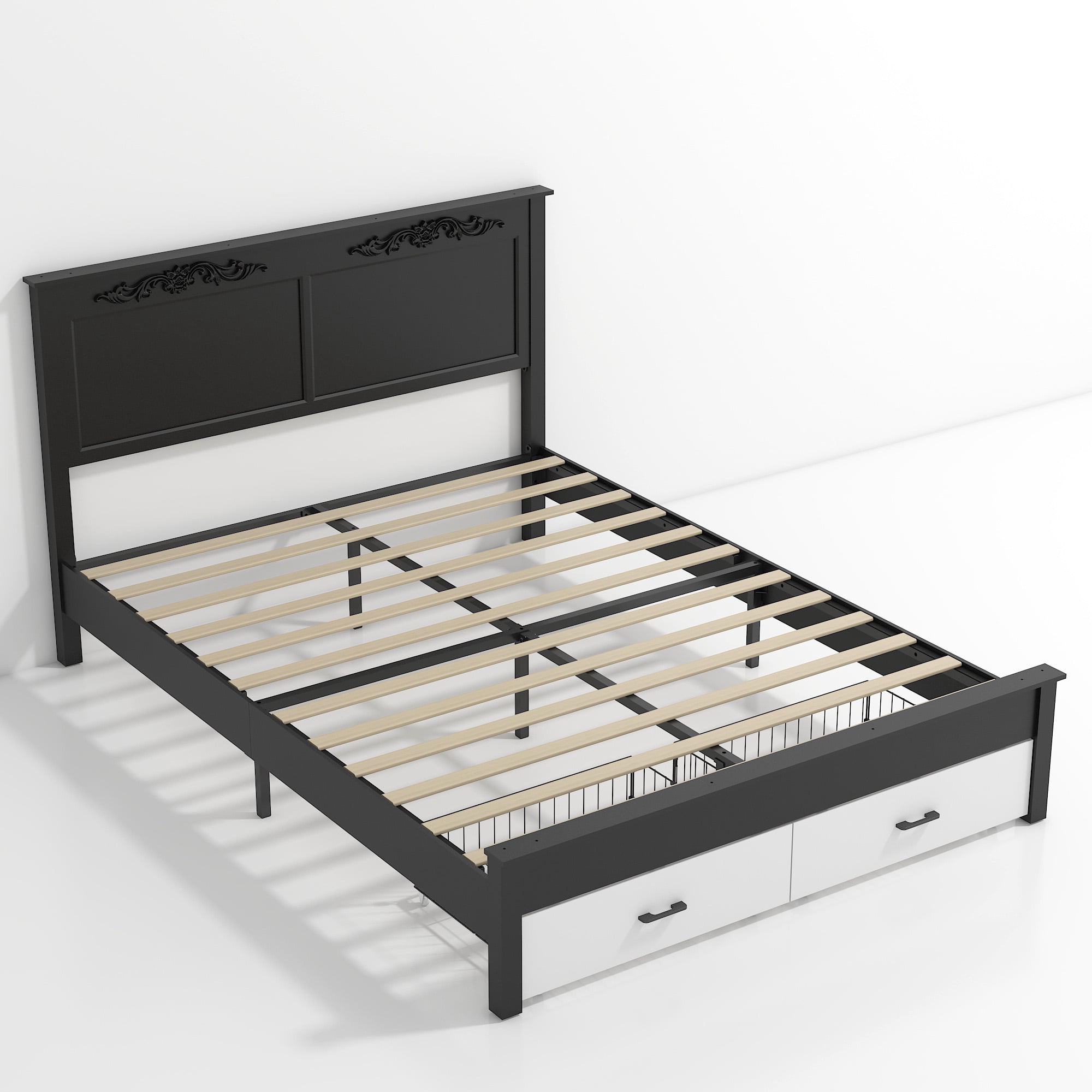 Gewnee Queen Size Rustic Farmhouse Platform Bed Frame, Steel Frame with Wood Slats, Noise‑Free, Under‑Bed Storage, Easy Assembly, No Box Spring Required for Bedroom, White & Black