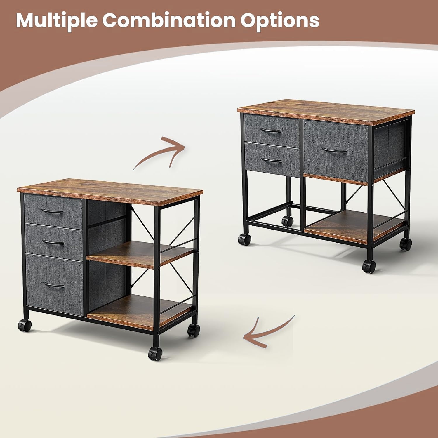 3-Tier Mobile File Cabinet, Rolling Printer Stand with Storage and Back Support Bar, 3 Drawer Lateral File Cabinet Holds 110lbs, for Home Office in Rustic Brown