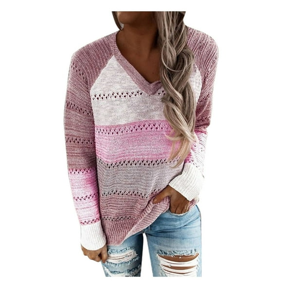 Fashion Women Casual Patchwork V-Neck Long Sleeves Sweater Blouse Tops Pullover Knitted Comfortable Soft Warm Winter Elegant Style