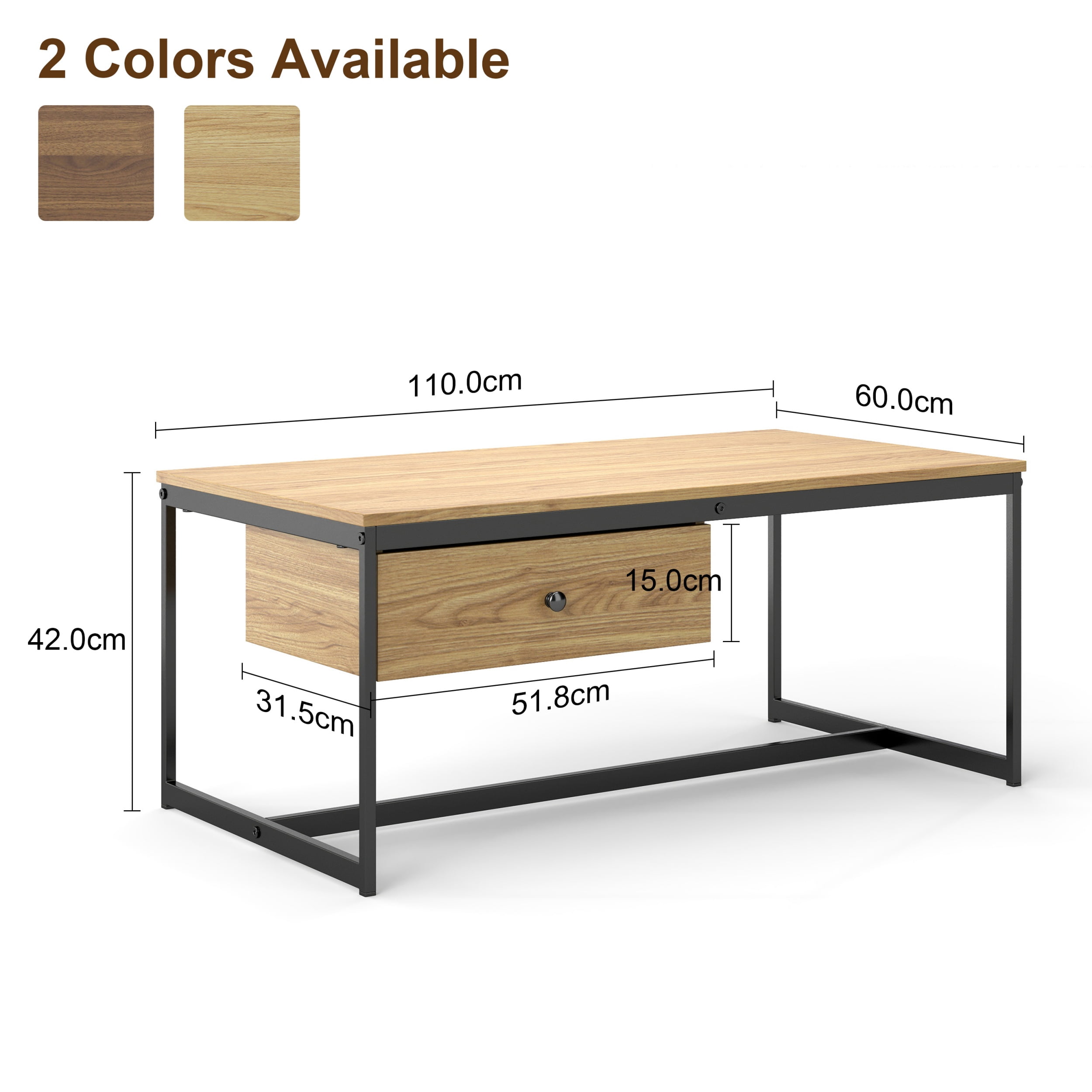 Manxile Industrial Rectangle Wood Coffee Table Metal Cocktail Table with Drawer, Natural