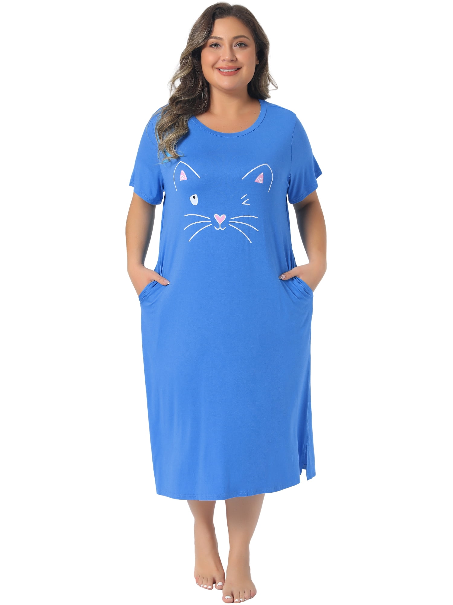 DARING DIVA Women's Plus Size Cute Cat Print Pockets Nightgown 4X Blue