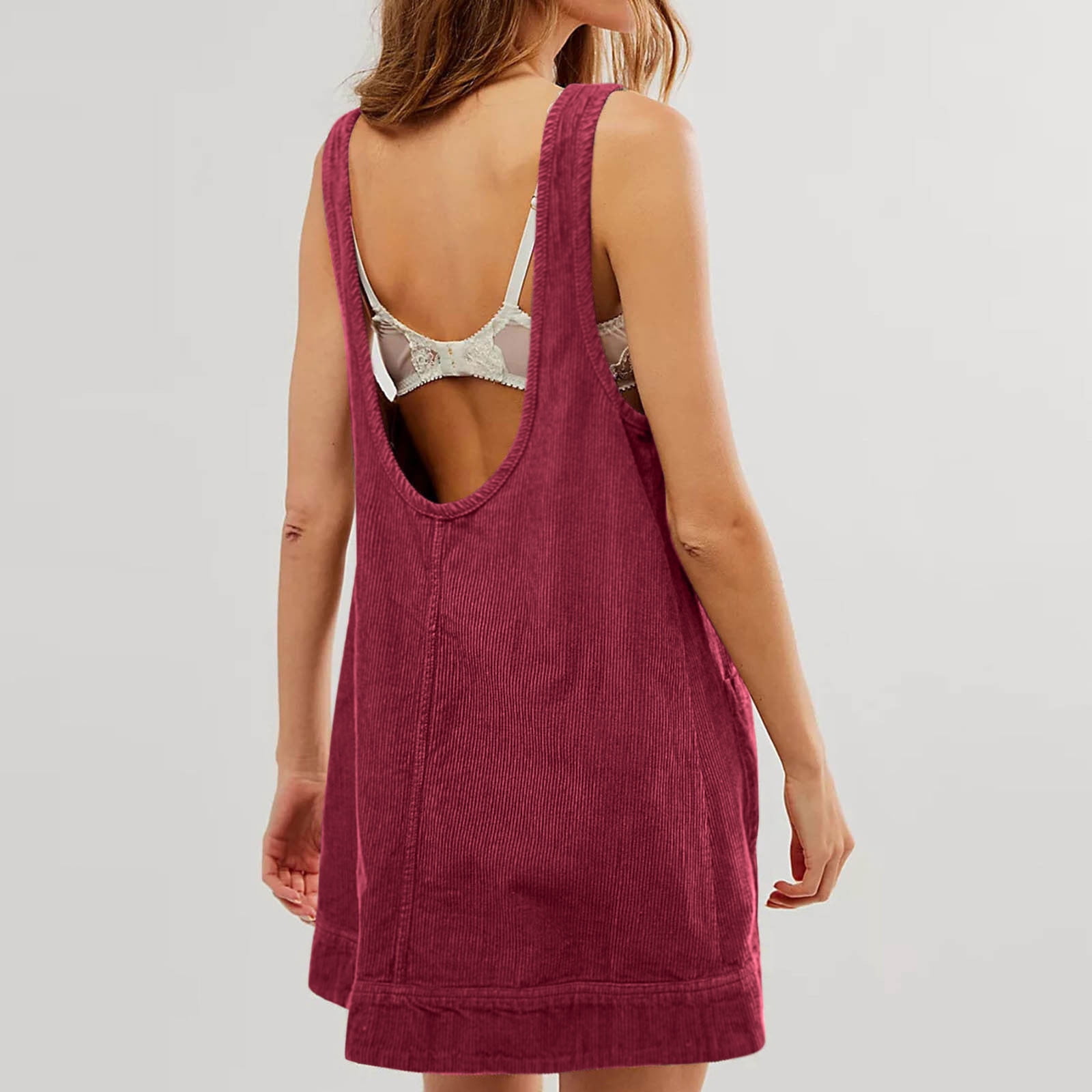 Tumotour Corduroy Overall Dress for Women Summer Dress Round Neck A-Line Cocktail Dress Jumper Mini Dress Pinafore Dress With Pockets