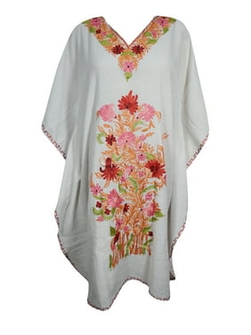 Mogul Women's White Floral Embellished Caftan Lounger Cover Up Tunic DRESS XL
