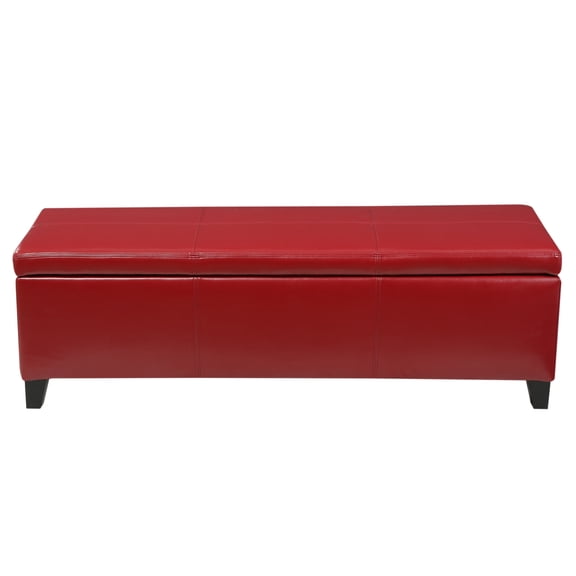GDF Studio Rupert Upholstered Storage Ottoman Bench, Red Faux Leather and Dark Brown