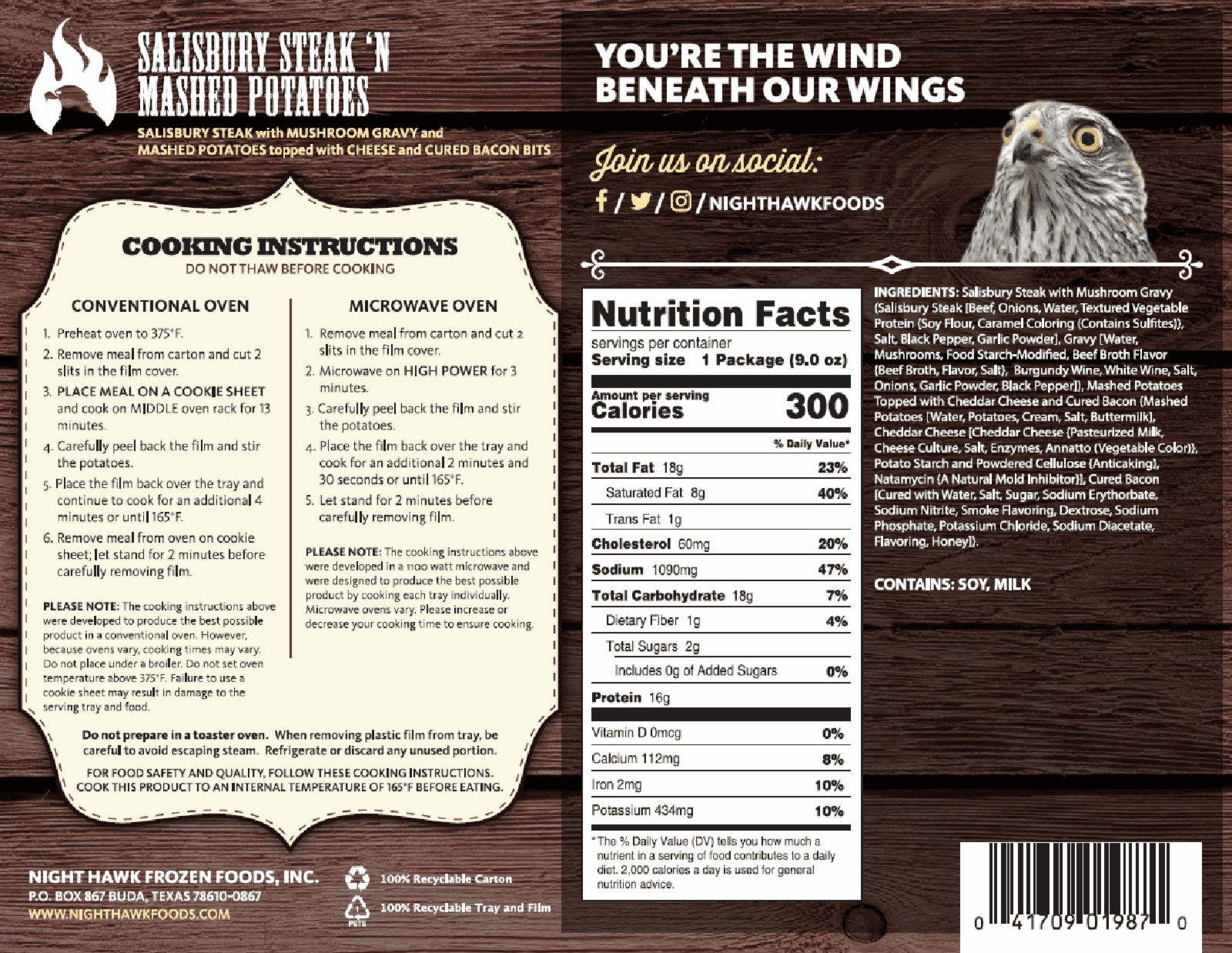 Night Hawk Salisbury Steak 'N Mashed Potatoes dish, 9 oz frozen Packaged Meal