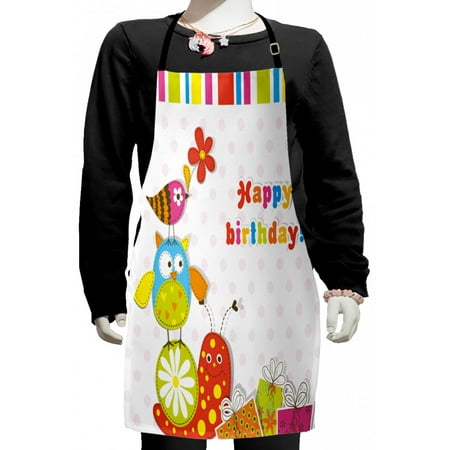 

Birthday Kids Apron Patchwork Like Design with Owls Birds and Bugs Present Boxes on Polka Dots Boys Girls Apron Bib with Adjustable Ties for Cooking Baking Painting Multicolor by Ambesonne