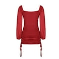 thumbnail image 5 of IROINNID Semi Formal Dress for Women Long Sleeve Mini Dress Fall Drawstring Bishop Sleeve Off-The-Shoulder Neck Dress,Burgundy, 5 of 6