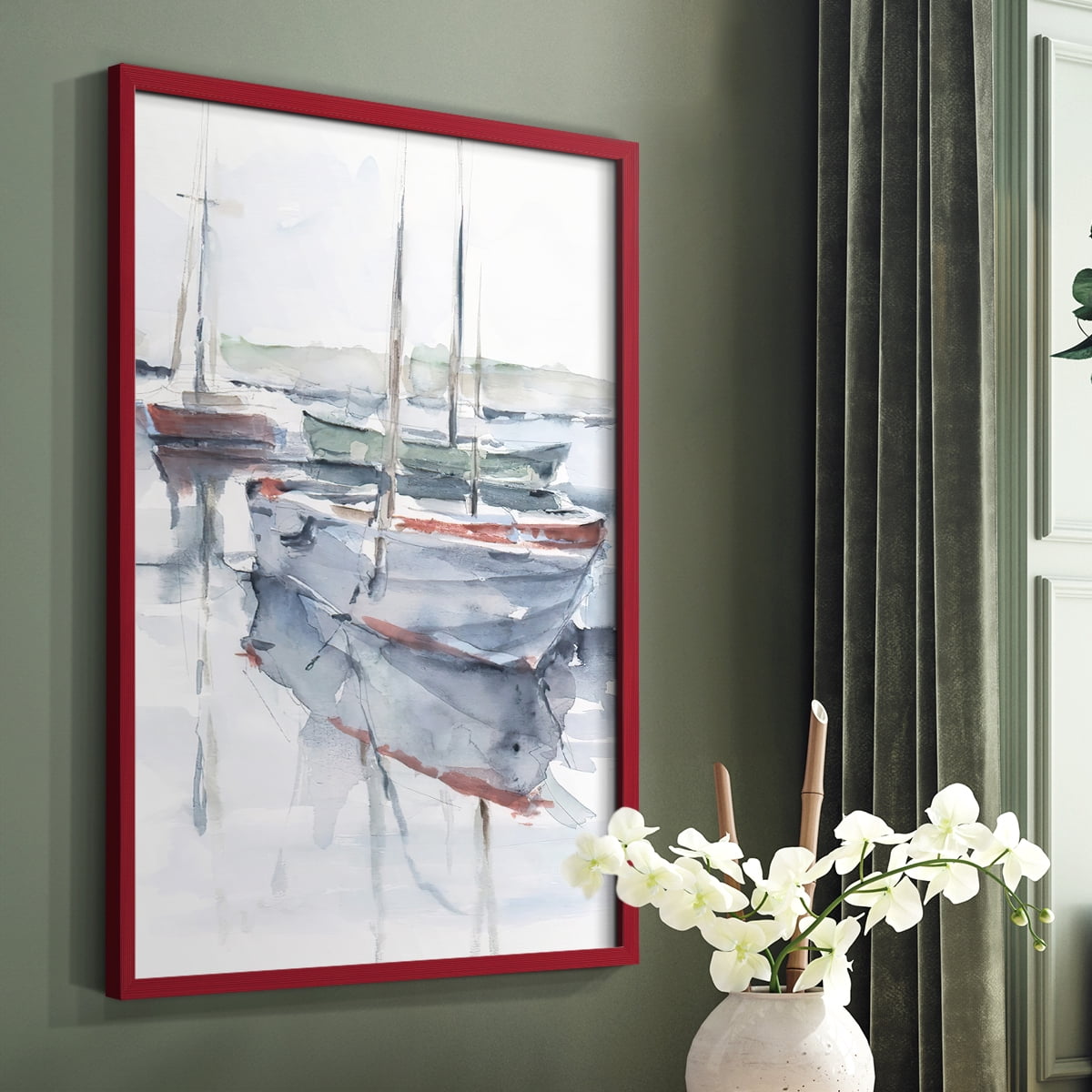 Watercolor Harbor Study I Framed Print in Red Solid Wood 8 x 10 Framed Print
