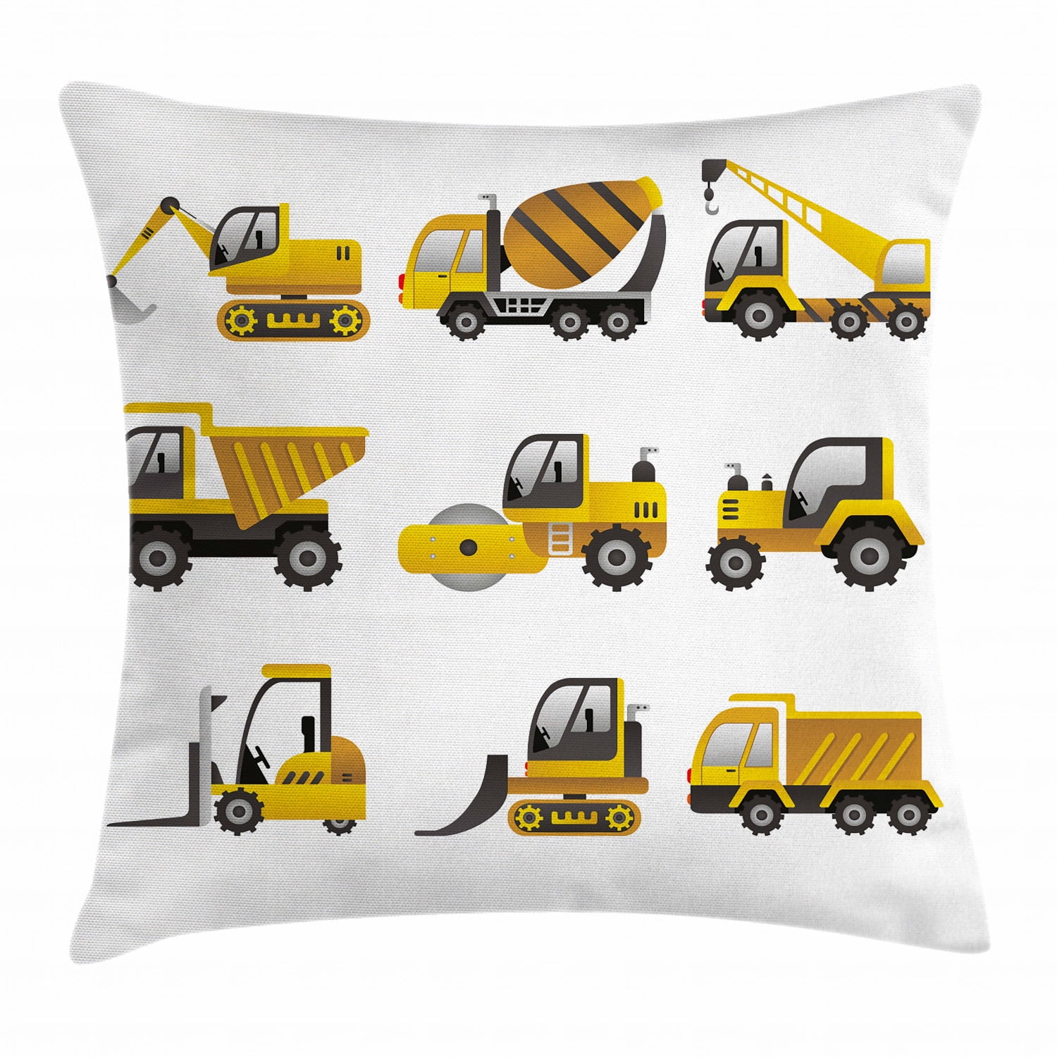 Construction Throw Pillow Cushion Cover, Big Vehicles Icon Collection