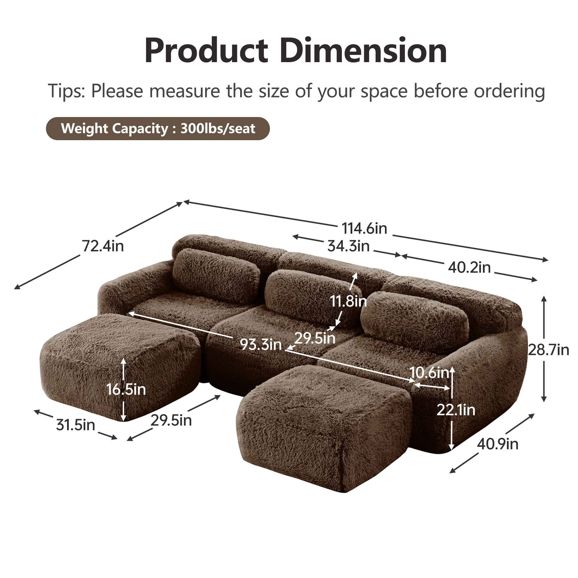 Aukfa 115" Faux Fur Modular Sectional Sofa, 5-Piece Deep Seat U-Shaped Couch with 2 Ottomans, Brown
