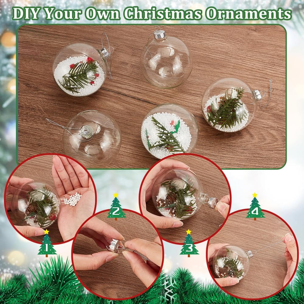 12Pcs Clear Glass Christmas Ornament Balls 3.8x3 Round Fillable Christmas Ornaments Plastic Ornaments for Crafts Fillable Hanging Ornament Ball for Christmas Tree Wedding Home Decor 12pcs