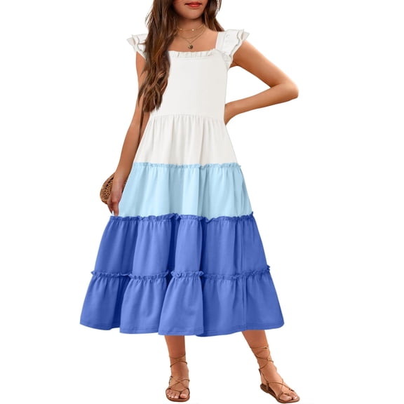 Arshiner Girls Maxi Summer Short Flutter Sleeve Casual Dress with Pockets