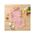 thumbnail image 3 of Gureui 3Pcs Toddler Infant Baby Girls Summer Outfit, Casual Solid Color Flying Sleeve Tops + Shorts + Hairband Clothes Set, 3 of 9
