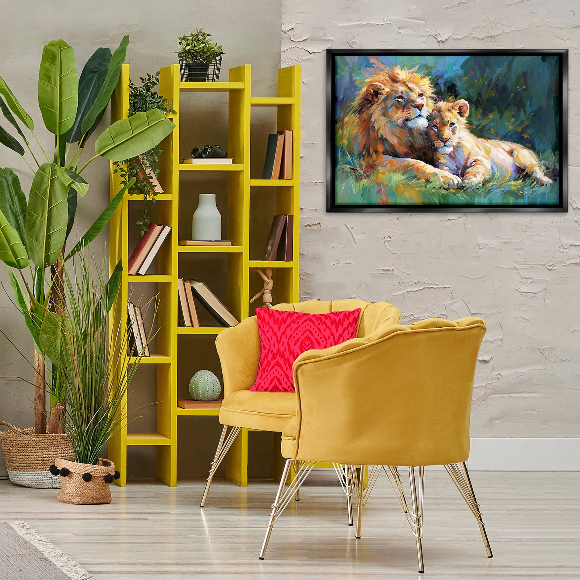Stupell Industries Lion's Embrace Portrait Animals & Insects Painting Black Floater Framed Canvas Art Print Wall Art, 31 x 21
