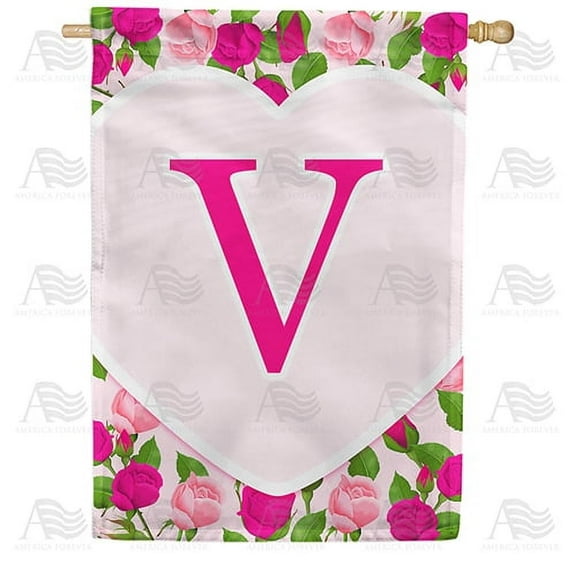 America Forever Flags Monogram Letter V House Flag - Pink Roses - 28 x 40 Inches, Happy Valentine's Day Pink Roses Love Heart Double Sided Flag, Seasonal Yard Outdoor Holiday Decor