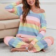 thumbnail image 2 of Traje de ocio para mujer, estampado de rayas de colores, cuello redondo, elástico, suelto, ropa de ocio para mujer, para deportes diarios, color claro, XL, 2 of 6