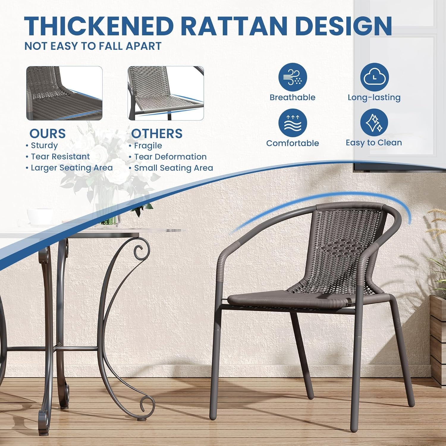 Poteban Patio Chairs Set of 4, Outdoor Dining Chairs Wicker Stackable Patio Chairs, for Indoor Restaurant Porch, Lawn Garden Backyard Deck, Grey
