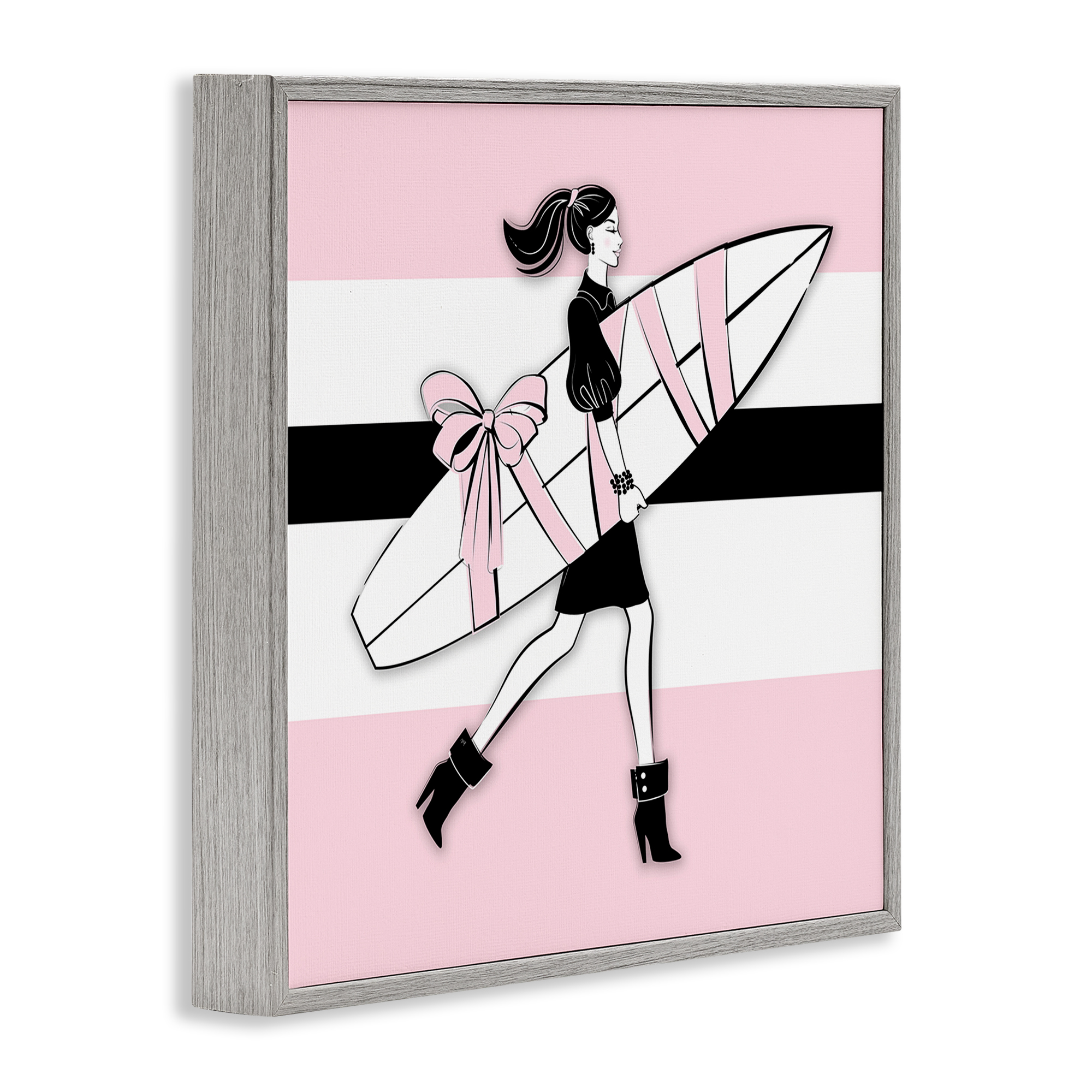 Stupell Industries Glam Girl With Surfboard Novelty Painting Gray Framed Art Print Wall Art, 12 x 12