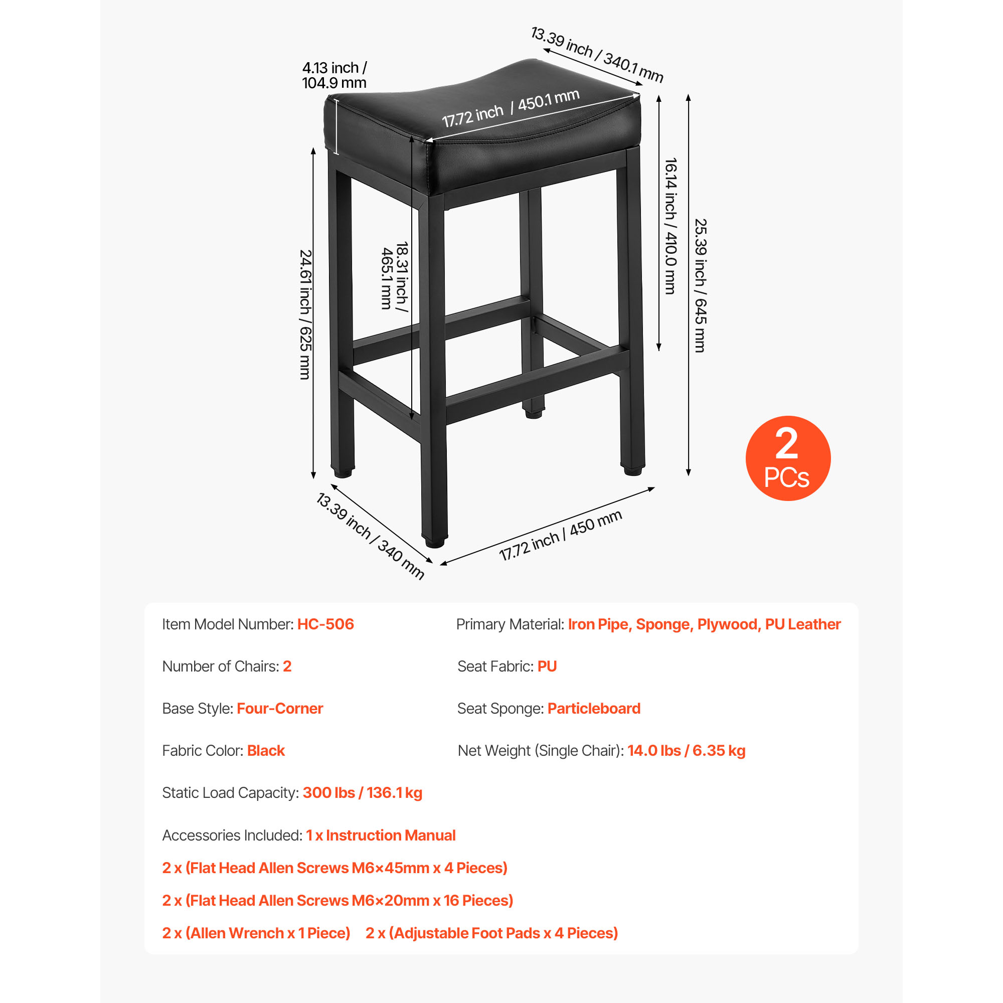 KFFKFF Set of 2 PU Leather Bar Stools, 25-inch Counter Height Saddle-Seat with Metal Legs, Backless Design for Kitchen, Dining Room, Cafe, Easy-to-Assemble, Black