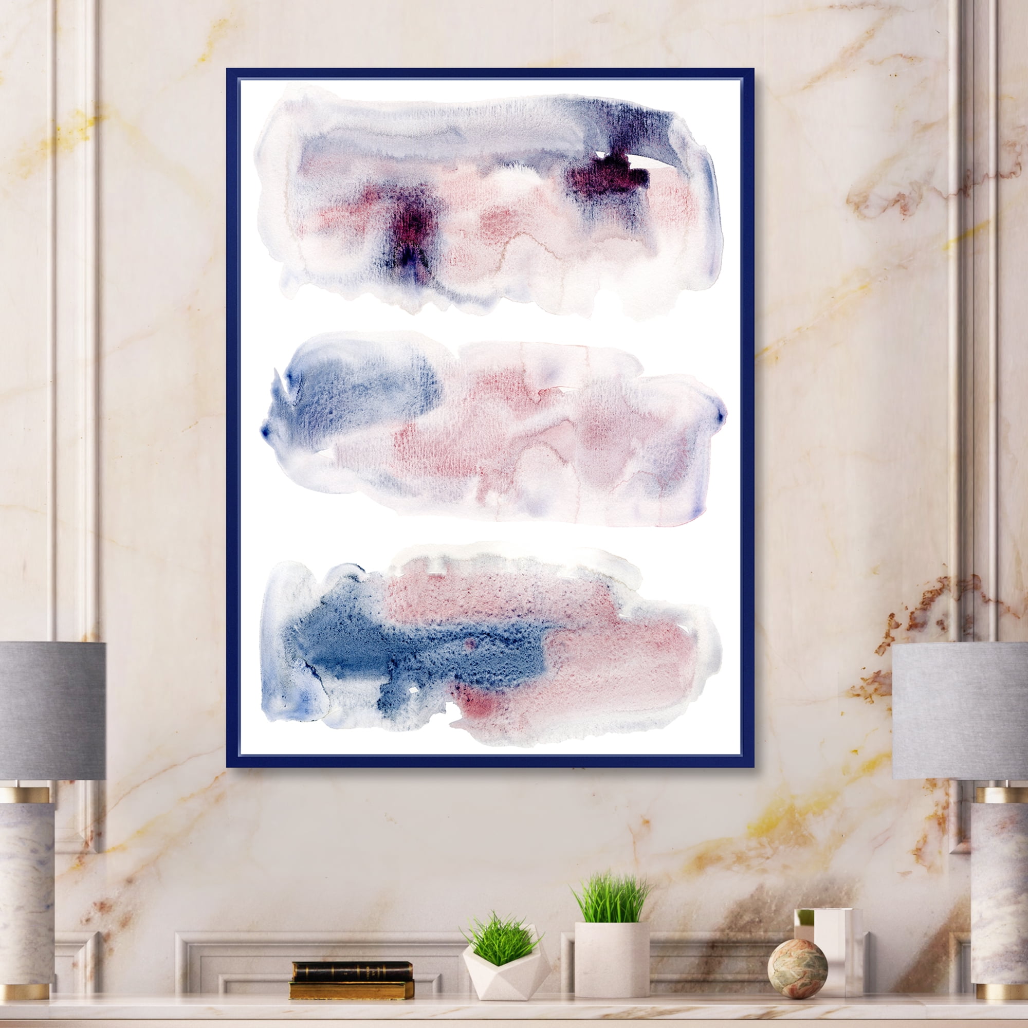 Blue and Pink Clouds With Beige Spots I 12 in x 20 in Framed Painting Canvas Art Print, by Designart