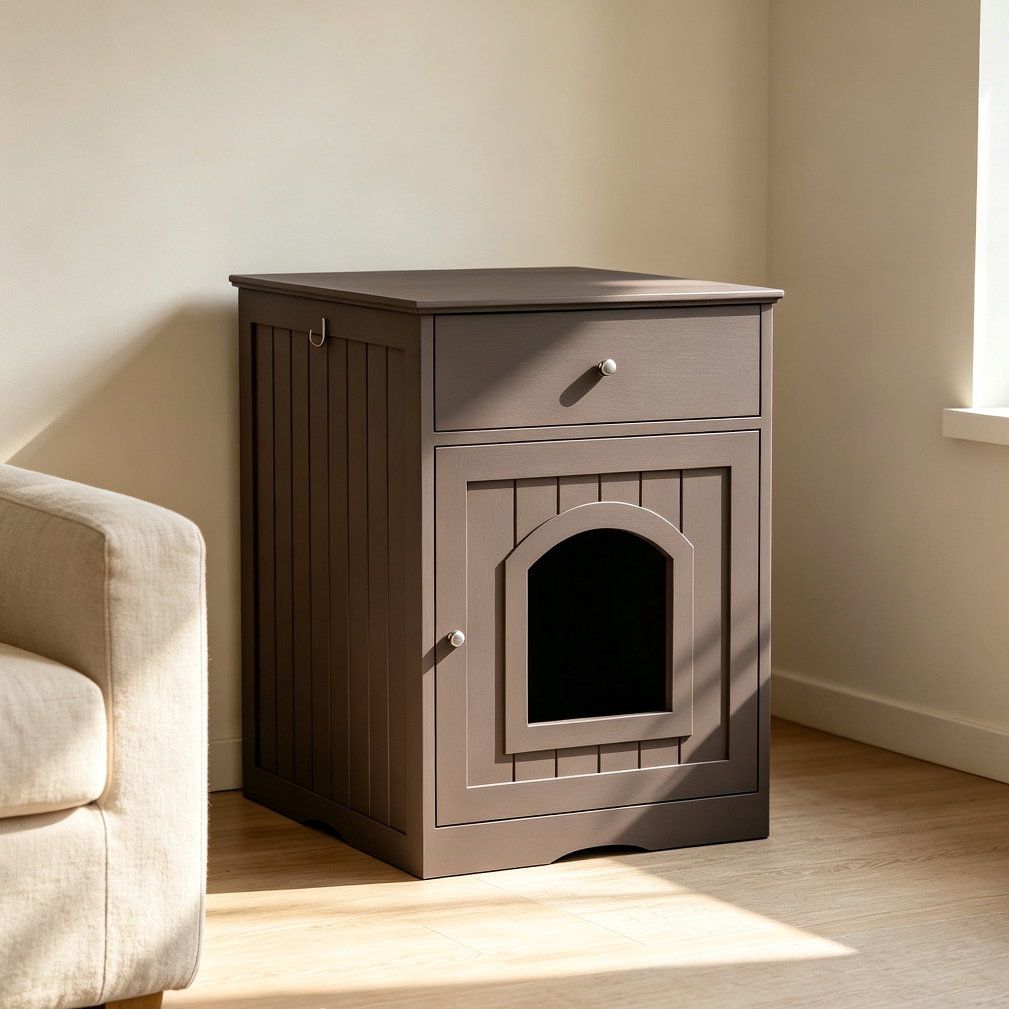 Leumius Wooden Pet House Cat Litter Box Enclosure with Drawer, Side Table, Indoor Pet Crate, Cat Home Nightstand (Brown)