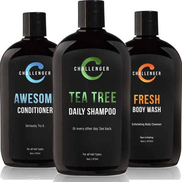 Challenger Mens Tea Tree Champú acondicionador y gel de baño fresco Trio 3 botellas de 16 oz | Sin sulfatos con vitaminas Aceite de argán Biotina | Queratina Vitamina C Vitamina D Proteína Sin coloran