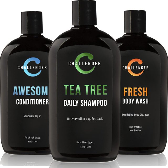 Challenger Mens Tea Tree Champú acondicionador y gel de baño fresco Trio 3 botellas de 16 oz | Sin sulfatos con vitaminas Aceite de argán Biotina | Queratina Vitamina C Vitamina D Proteína Sin coloran