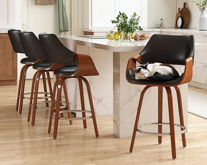 Guyou 26" Swivel Counter Stools Set of 2, Modern Barrel PU Kitchen Island Stools, Farmhouse Solid Wood Counter Height Barstools, Bar Height Island Chairs with Back and Wood Frame, Black