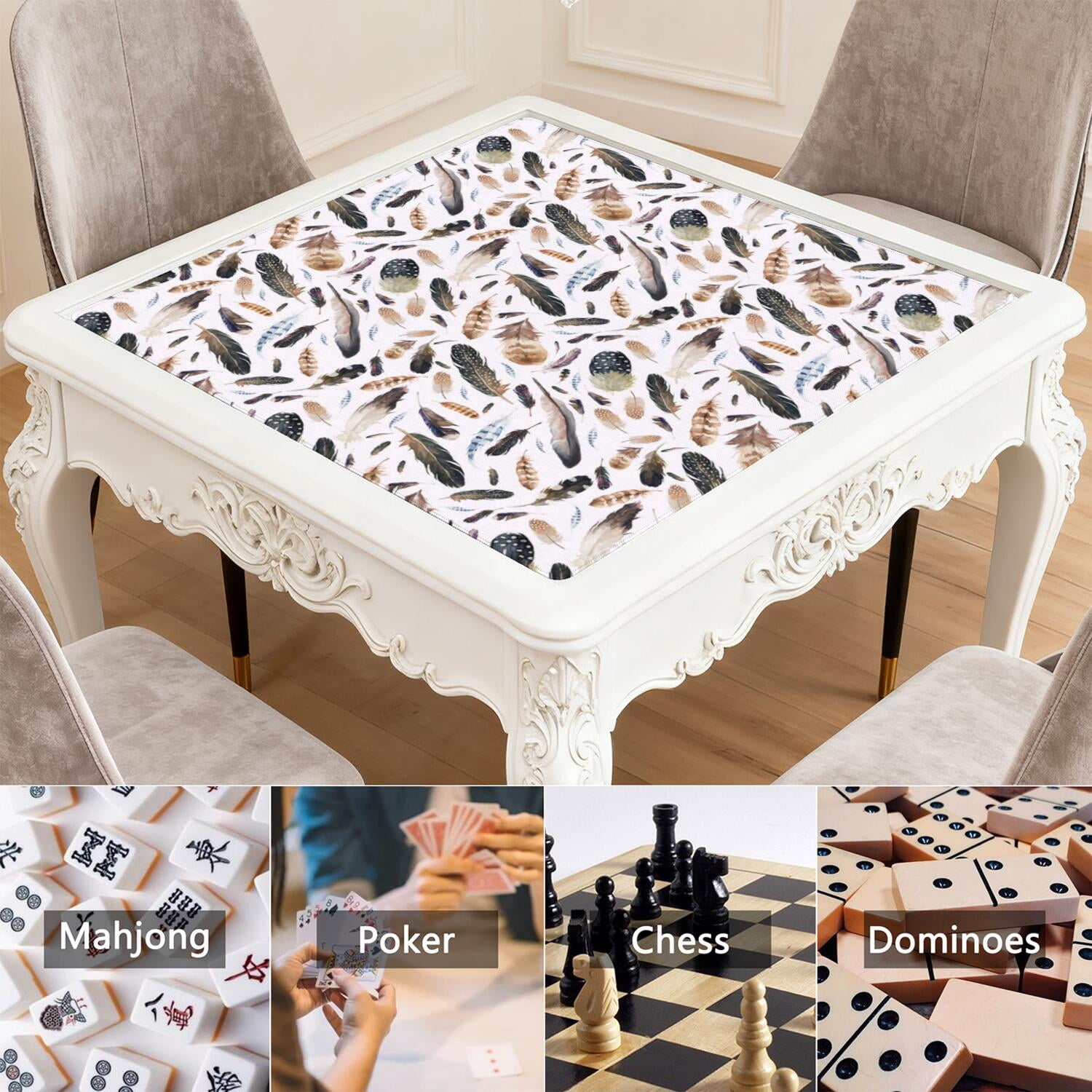 Boho Print Anti-Slip Rubber Game Table Mat 31.5 Inch Square Extra Large Mahjong Pad with Quiet Surface for Playing Tiles Cards and Family Fun