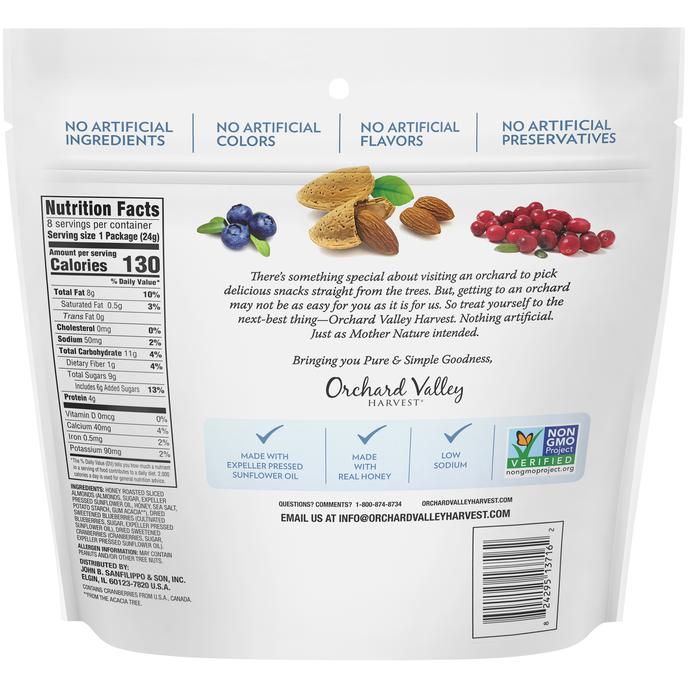 Orchard Valley Harvest Honey Roasted Sliced Almonds & Berries, 0.85 oz (Pack of 8)