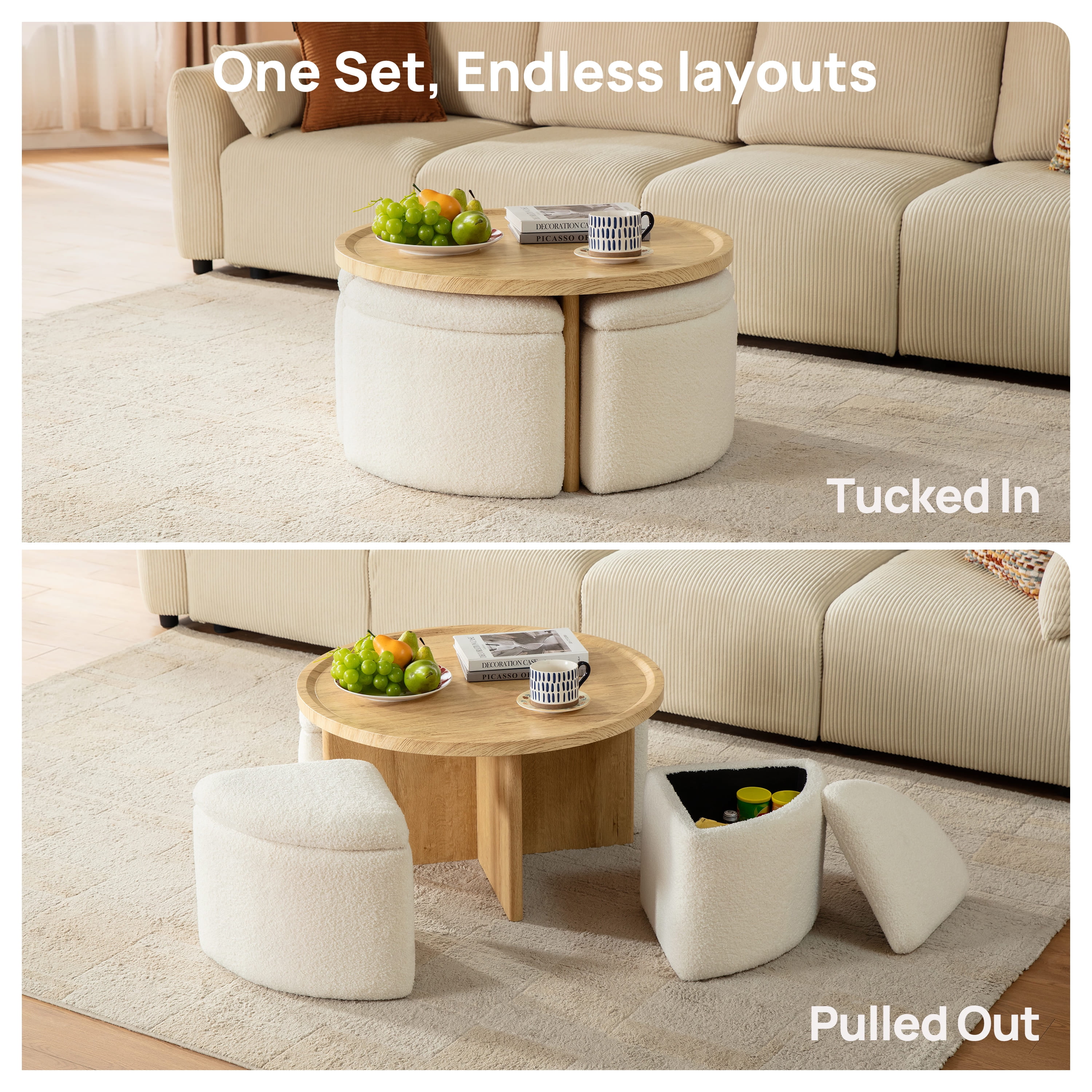 CHIC HOUSE Round Coffee Table for Living Room Table, Small Coffee Table with 4 Storage Stools Underneath, Mid-Century Wood Coffee Table Set with Teddy Velvet Storage Ottoman, Oak & White