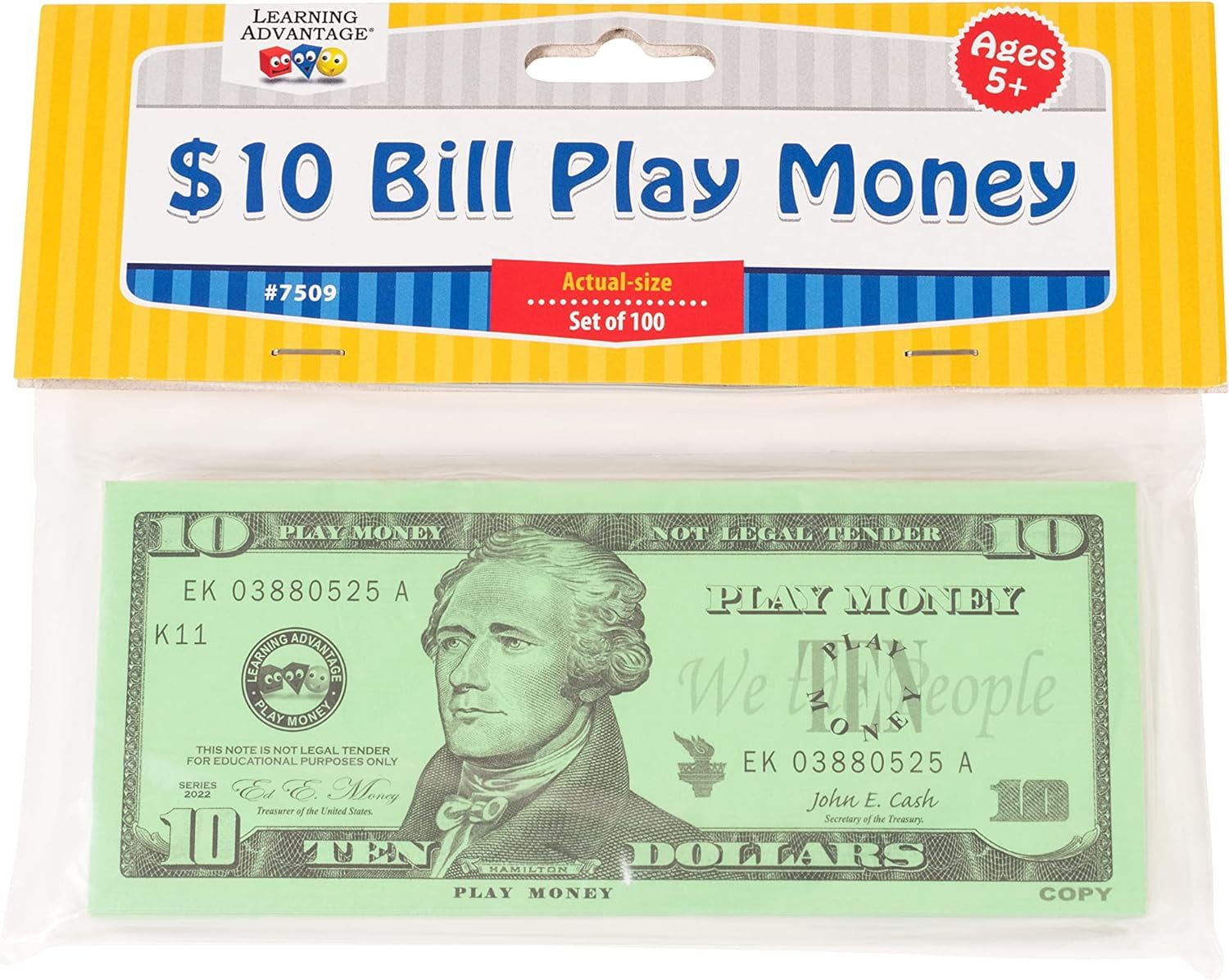 LEARNING ADVANTAGE Ten Dollar Play Bills - Set of 100 $10 Paper Bills - Designed and Sized Like Real US Currency - Teach Currency, Counting and Math with Play Money