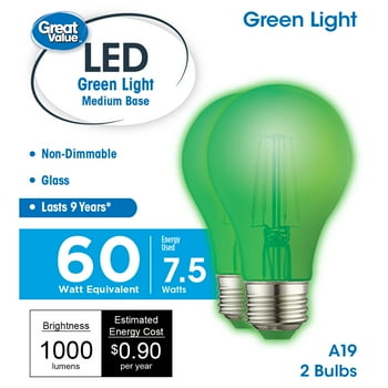 Great Value LED Light Bulb, 7.5 Watts (60W Equivalent) A19 Lamp E26 Medium Base, Non-Dimmable, Green, 2-Pack
