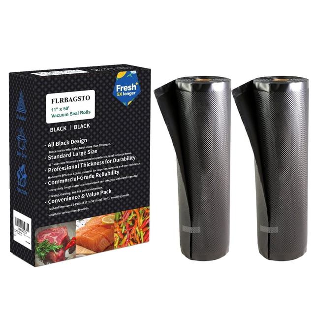 FLRBAGSTO All Black Vacuum Sealer Rolls 11" x 50', 5.5 Mil Vacuum Seal Bags for Food Storage, Sous Vide, and Meal Prep, Heavy Dut