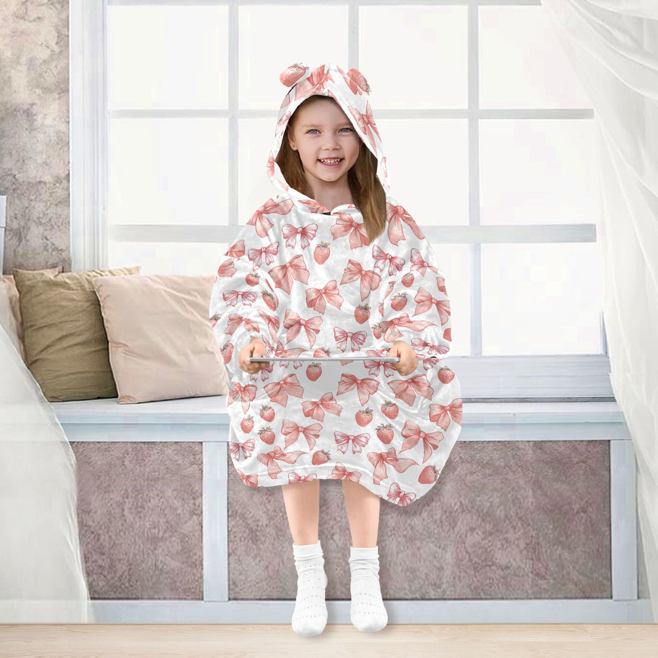 Wearable Blanket Hoodie for Kids Pink Bows Strawberries Flannel Hooded Blanket with Pockets and Sleeves Suitable for Boys and Girls