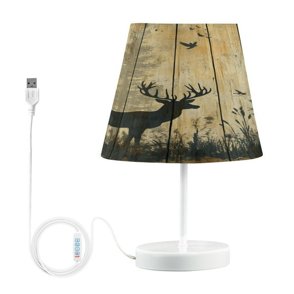 WOBOGO Forest Deer Shadow Table Lamps Bedroom 3-Speed Dimmable Farm Style with Fabric Shade for Reading and Home Office