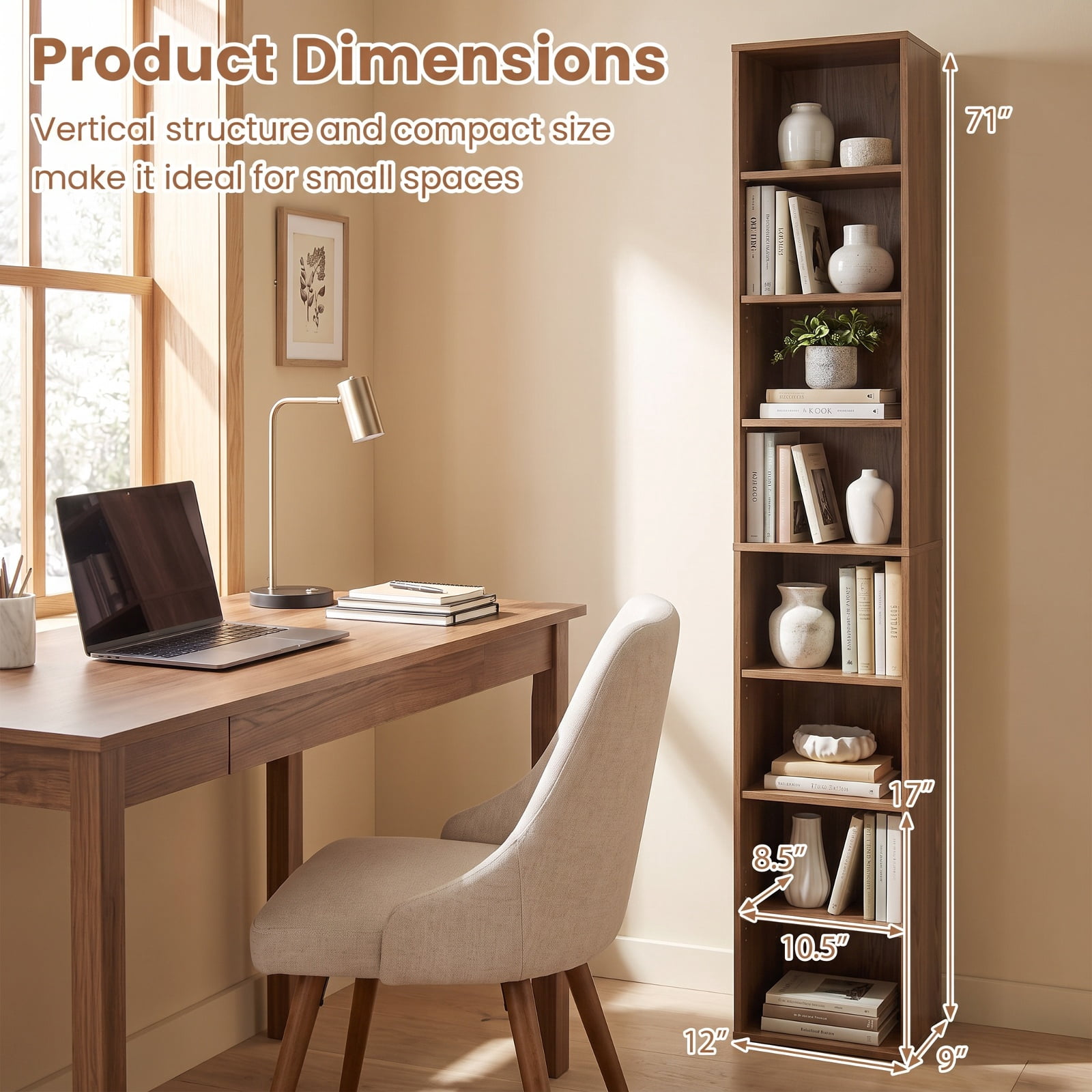 Furnibear 8-Tier Narrow Bookshelf with 4 Adjustable Shelves and Storage Cubes for Living Room Home Office Bedroom Display Storage Shelf, Natural