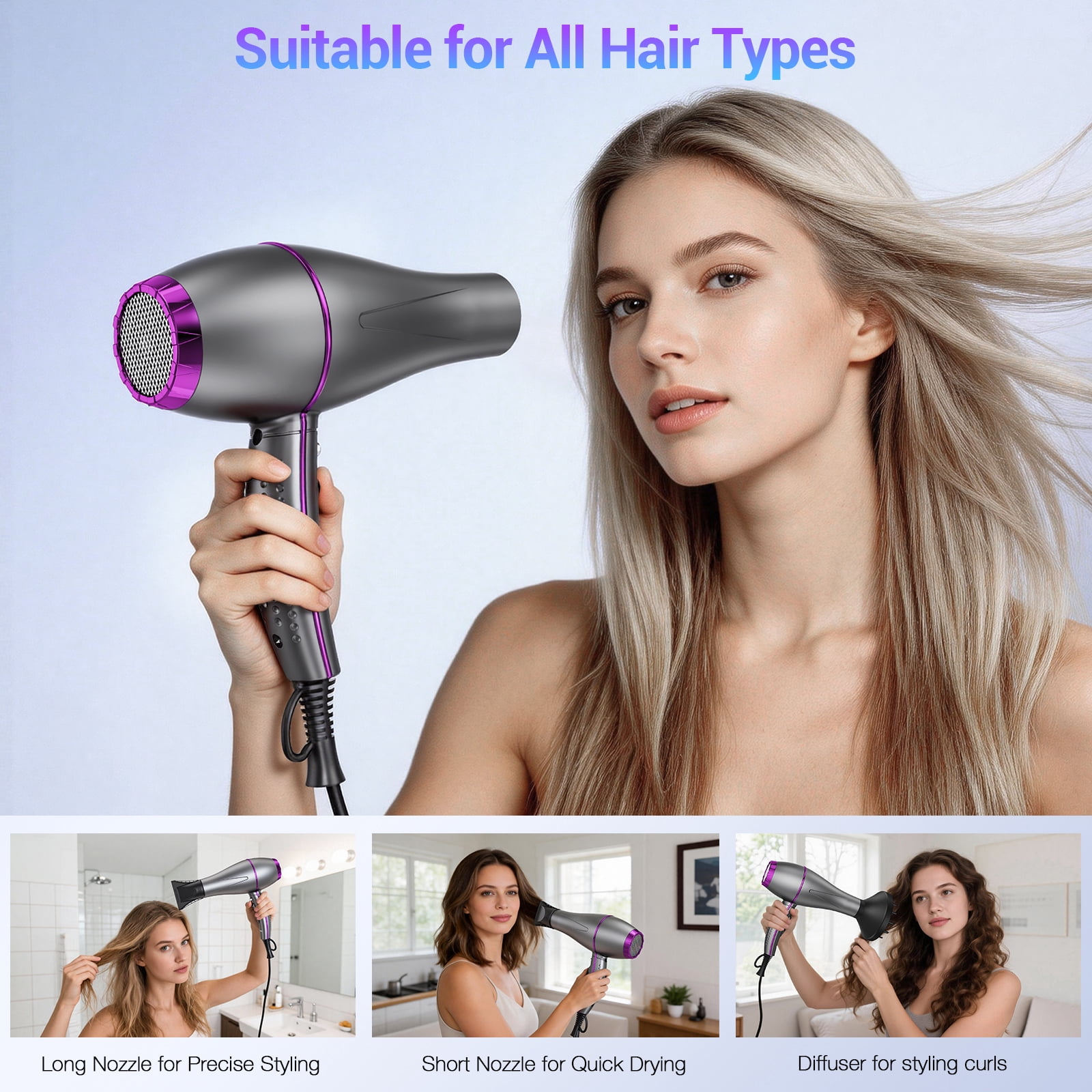 NEXPURE Hair Dryer, 2000W Ionic Blow Dryer with Diffuser and 2 Concentrator Nozzles for Fast Drying, Salon & Home Use