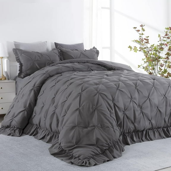 120"x120") - Ruffles for All Season (Dark Grey - Oversized King - Ultra Soft Pinch Pleat Bedding with Pintuck Down Alternative Comforter - Comforter Pack