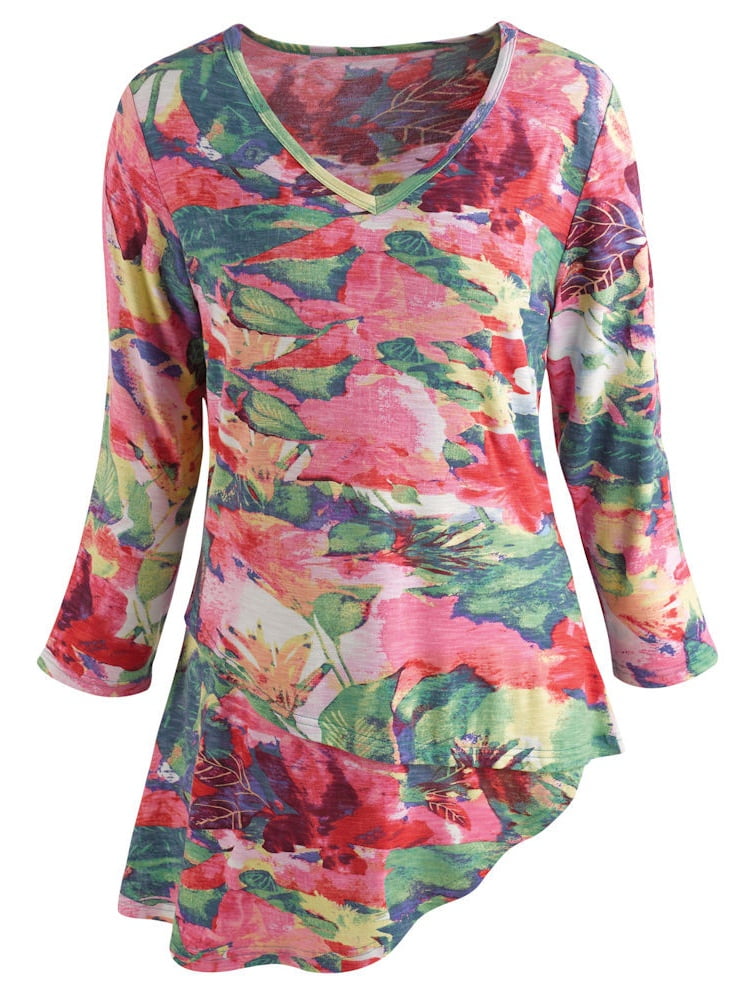 Parsley & Sage Women's Tunic Top Pink Floral Diagonal Cut Hem 3/4