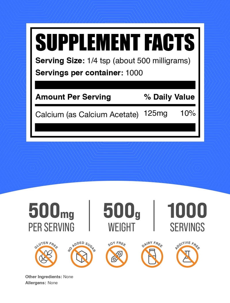 BulkSupplements Calcium Acetate Powder - 500mg per Serving - 500 Grams (1.1 lbs) - 1000 Servings