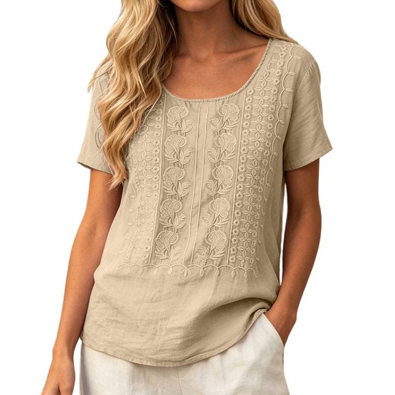 Tfken Summer Tshirts For Women Short Sleeve Crew Neck Tops Tees Casual Baggy T-Shirts Ladies Soft Clothes Outerwear Size L Beige