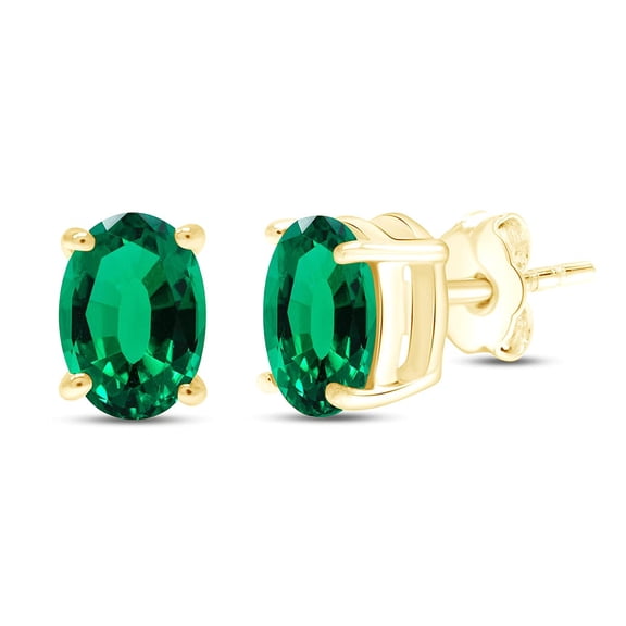 AFFY 8X6MM Oval Shape Birthstone Simulated Emerald Solitaire Stud Earrings With Friction Back for Women In 14K Yellow Gold Over Sterling Silver (VVS1- VVS2 Clarity)