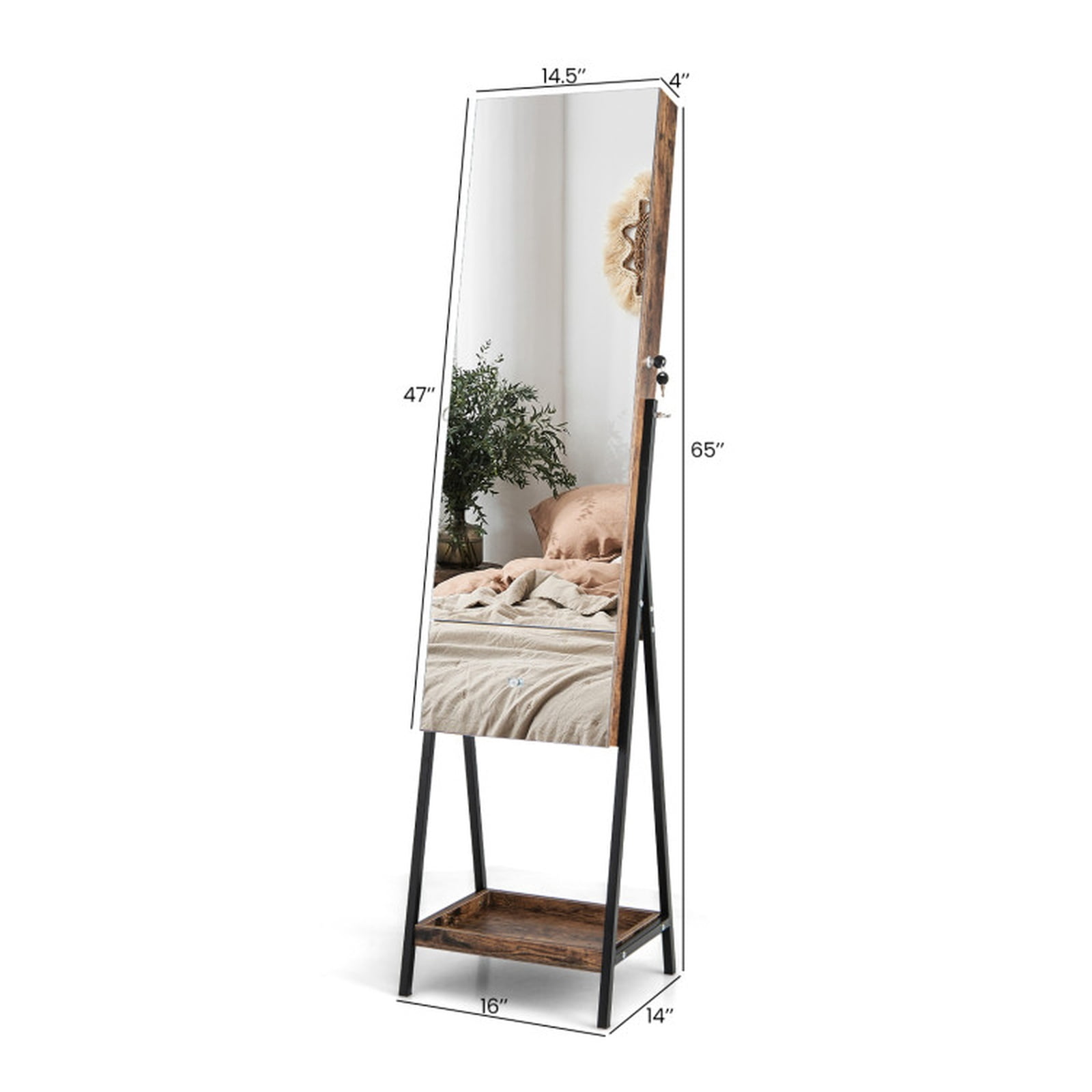 Furnibear Lockable Freestanding Jewelry Organizer with Full-Length Frameless Mirror for Bedroom Dressing Room Jewelry Necklace Rings Storage, White