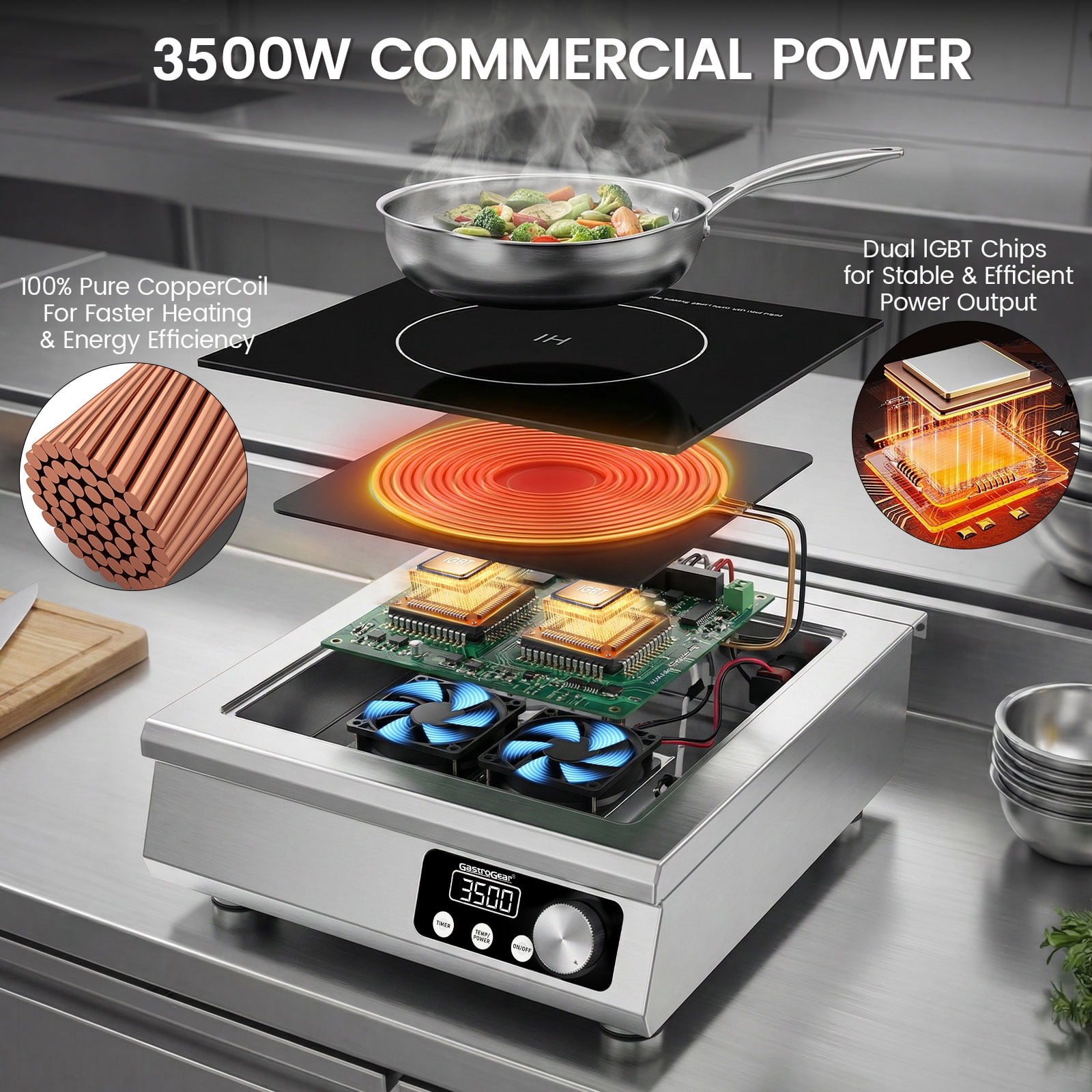GastroGear 3500W Commercial Induction Cooktop, 208V  Heavy-Duty Countertop Induction Burner, Electric Cooktop with 9.25" Copper Coil, 24H Timer for Commercial Kitchens