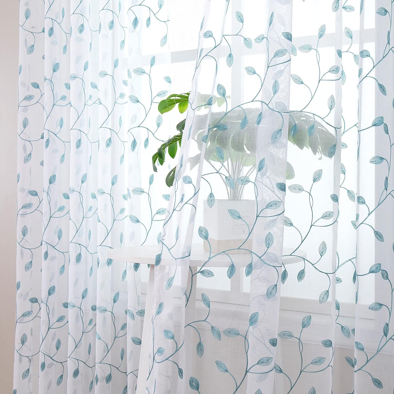 Sunyuer Leaves Short Sheer Curtains Teal Blue Leaf Embroidery Curtain Rod Pocket Voile Faux Linen Embroidered Leaves Curtains for Bedroom Living Room, 52W X 72L inch, Set of 2 Panels, Teal Blue