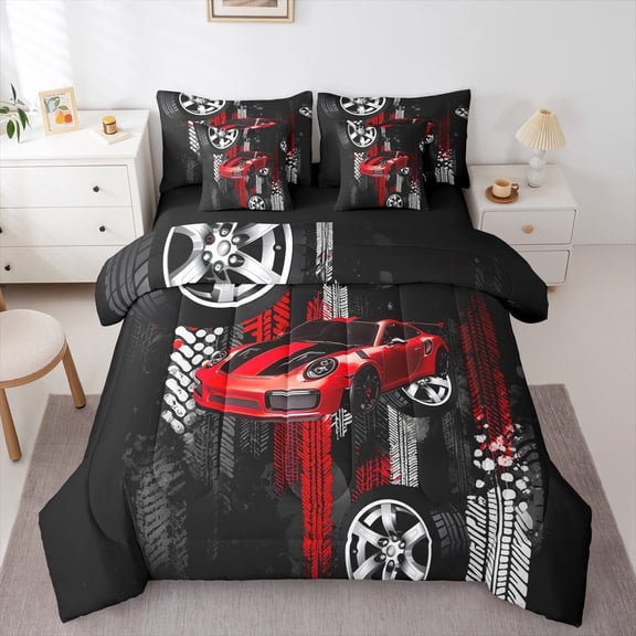 Castle Fairy Fast Car 7-Piece Twin Bedding Sets,Extreme Sport Bedding Comforter Set,Car Theme Breathable Sheet Sets,Luxury Boys Bedroom Decor,Reversible