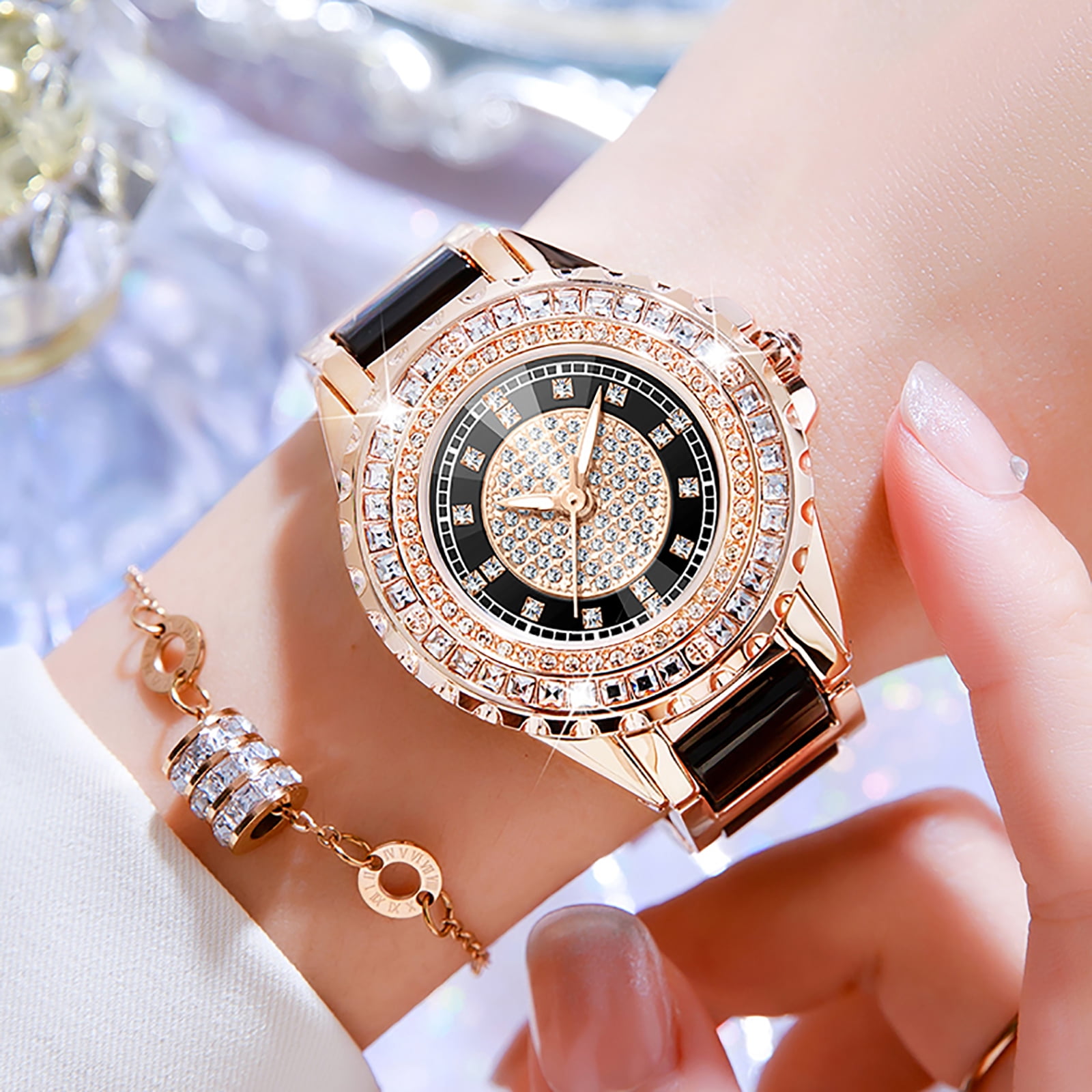 Womens Wrist Watch Elegant Dress Watch for Women Rose Gold Comfort Care Strap with Acrylic Pellets for Wife Girlfriend or Mothers Idea Gift for Special Women in Life