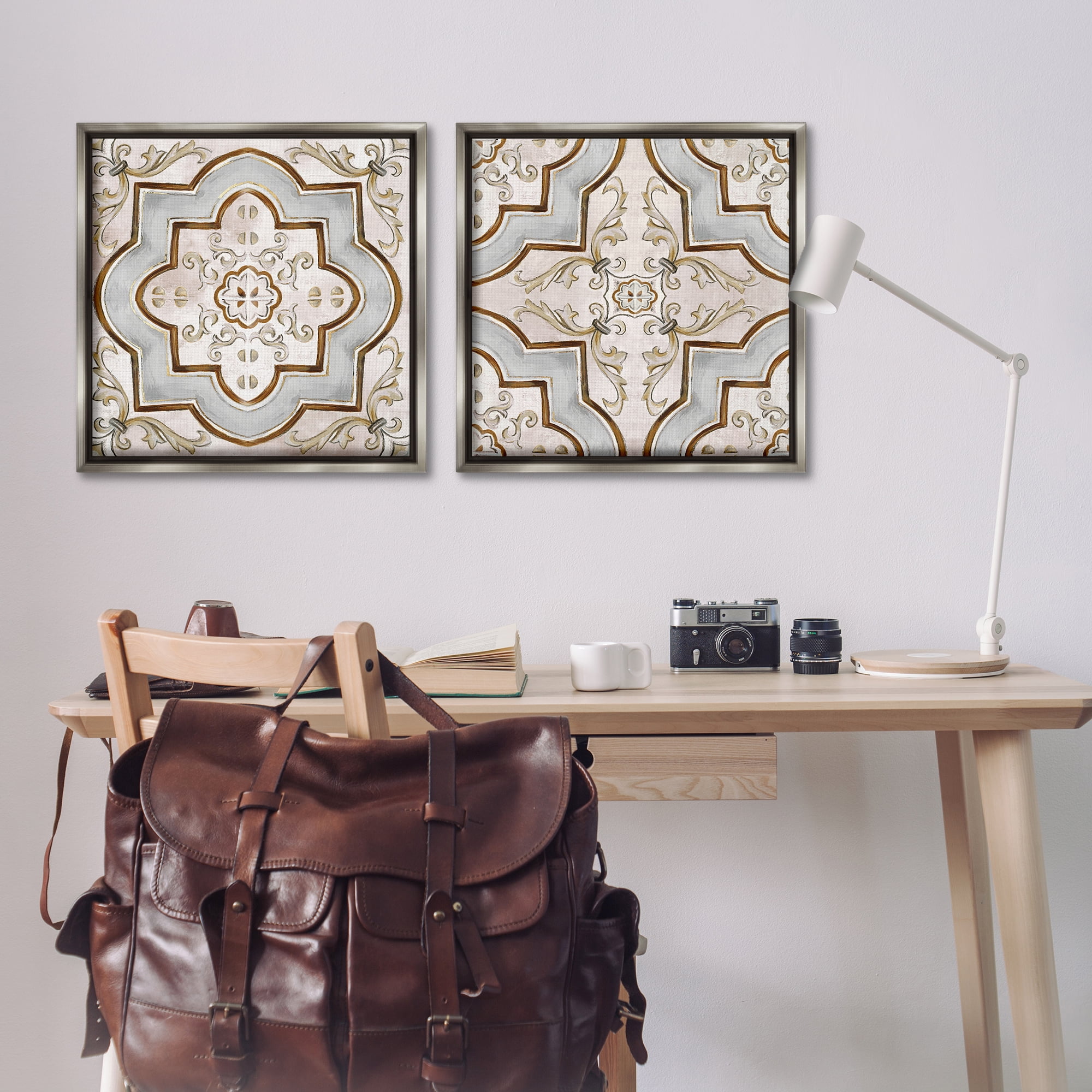 Stupell Industries Moroccan Tile in Neutrals Abstract Painting Gray Floater Framed Canvas Art Print Wall Art, 25 x 25, Set of 2